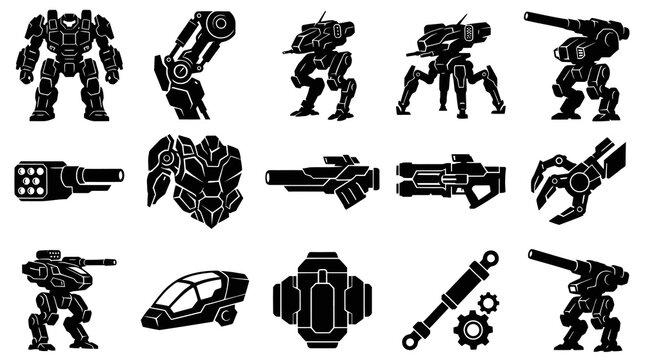 Sci-fi Mech Icons: Futuristic Robot Armor, Weapons, Vehicles, Glyphs