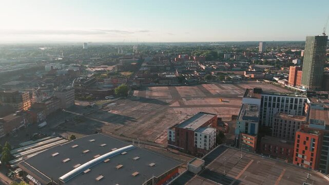 Aerial view of Smithfield development site at sunrise, Birmingham, England