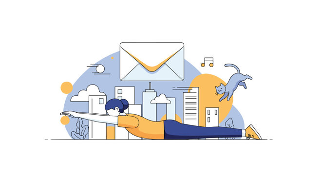 Woman performing back extension exercises on the floor with a city skyline, a jumping cat, and a large envelope in the background.