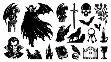 Naklejka premium Black and White Gothic Horror Fantasy Vector Icons Set with Vampire, Wolf, Bat, Skull, and Mystical Elements.