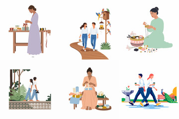 Fototapeta premium Collection of flat vector illustrations featuring people engaged in leisure activities such as gift wrapping, walking in nature, and enjoying time together.