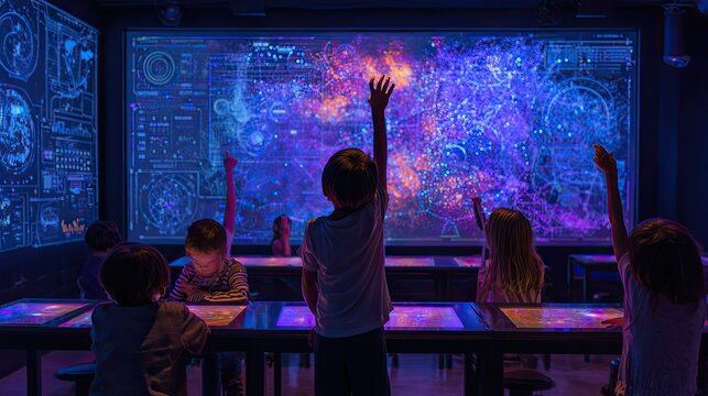 Children Engaged in Interactive Learning Experience with Digital Display.