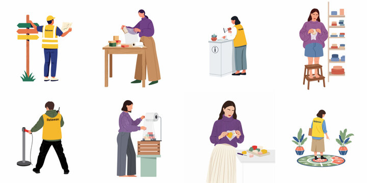 Set of flat illustrations showing various people volunteering and performing organized tasks like packing, directing, and assisting in a professional setting.