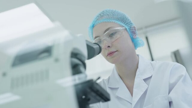 A scientist in a lab coat looks closely at samples through a microscope. The person wears safety goggles and gloves. This takes place in a modern laboratory setting.
