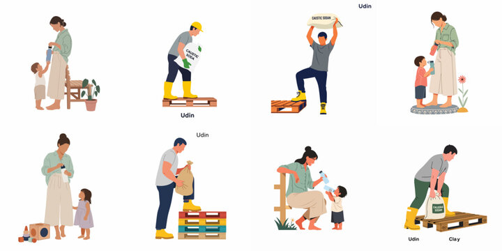 Set of flat illustrations featuring a mother with her child and male manual workers handling chemical bags and wooden pallets