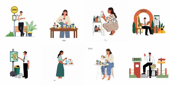 Flat vector illustrations showing zoo employees in uniform at various stations and a woman chemist or hobbyist making organic handmade cosmetics and skincare products.