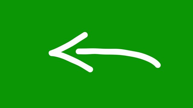 left arrow smoothly animating as if drawn by invisible pencil on green screen. Hand drawn directional stroke ideal for back, previous, return and navigation. Chromakey 2D cartoon animation style.