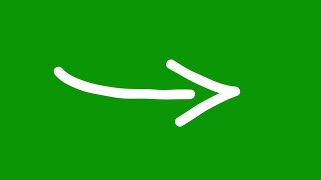 right arrow being smoothly drawn with pencil effect on bright green screen background. Hand drawn directional animation for navigation, next step, forward movement and motion graphics projects.