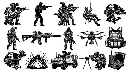 Fototapeta premium Black and White Vector Icons of Soldiers, Weapons, Drone, and Military Gear