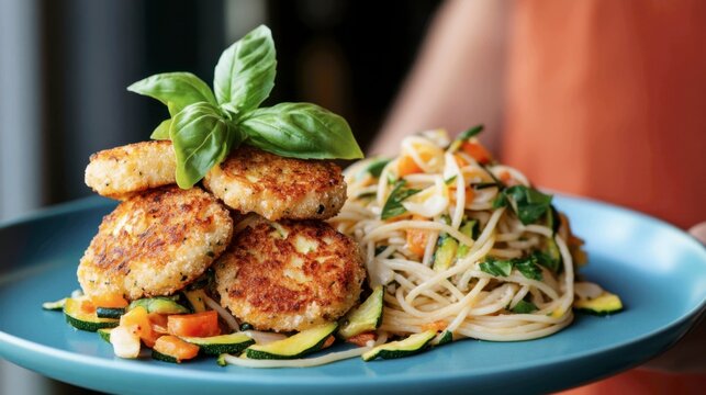 Spaghetti alla Nerano (zucchini spaghetti). The plate features golden, fried spaghetti fritters nestled next to a pile of fresh spaghetti