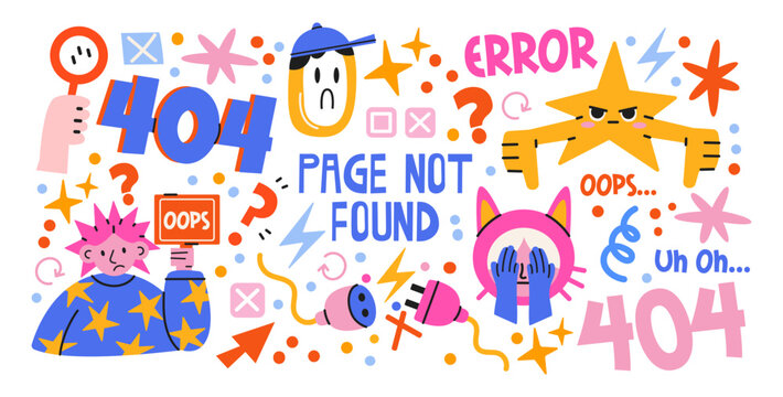 Error 404 stickers in retro cartoon style. Funny characters with laptops, magnifiers and web symbols showing page not found, modern UI design concept, funky doodle composition, trendy shapes