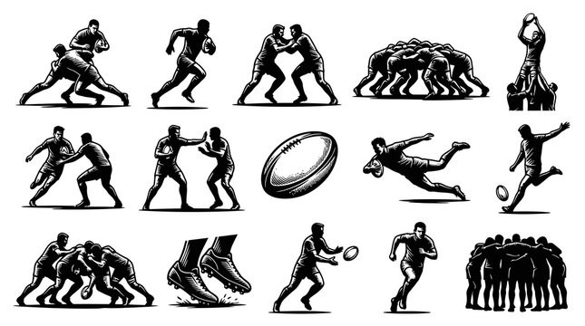Dynamic Rugby Players Black and White Line Art Vector Illustrations Set for Sports Game Design