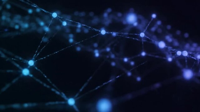 Abstract network animation with glowing blue nodes and connecting lines or Futuristic connection grid with blue dots and plexus motion graphics