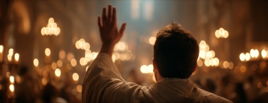 Priest raising hand in prayer during religious ceremony in church  