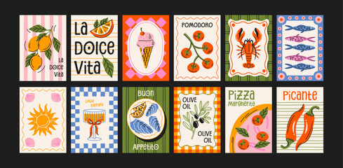 Dolce vita Italian posters in 90s style. Bright postcards: pizza, lemons, cocktails, seafood in cartoon trendy retro style. Decor for kitchens, cafes and restaurants. Minimalist banners for wall decor © Limpreom