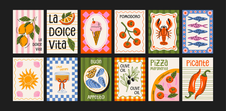 Dolce vita Italian posters in 90s style. Bright postcards: pizza, lemons, cocktails, seafood in cartoon trendy retro style. Decor for kitchens, cafes and restaurants. Minimalist banners for wall decor