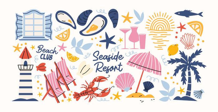 Beach summer vacation stickers with seaside leisure and holiday activity elements including palm trees, seashells, cocktails and surf items, ocean rest symbols and tropical travel vibes for summer