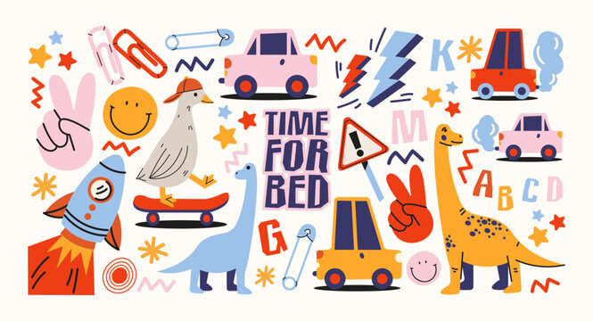 Kids bedtime stickers with toys and learning elements in retro cartoon style. icons: car, dinosaur, rocket, alphabet, nursery objects, children daily routine and sleep time