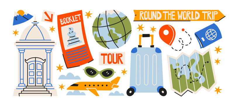 Tourist information center stickers in retro cartoon style. icons: city landmark, booklet, travel info collection, visitor guidance set, navigation signs, route planning elements, destination 
