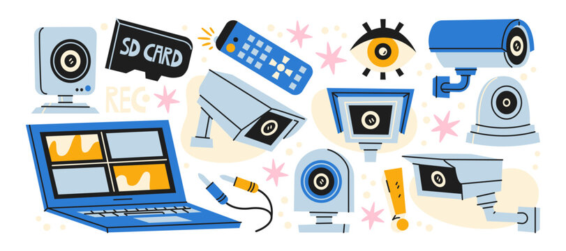 Security camera and surveillance system stickers in retro cartoon style. icons: cctv camera, monitoring screen, video recording, security system, control equipment, protection technology elements