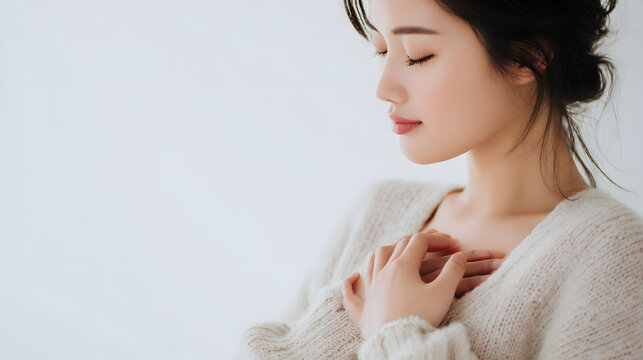 胸に手を添え目を閉じて心を整える女性の心の安定。癒しを表現したポートレート