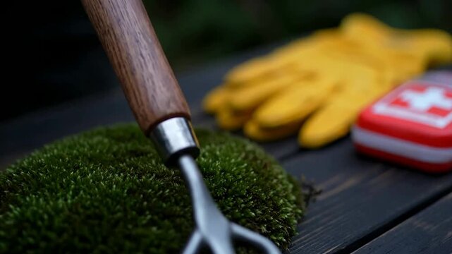 Close up of a hand rake on moss with gardening gloves and a first aid kit on a wooden table or Garden hand tool for planting moss with yellow protective gloves and medical kit on dark wood