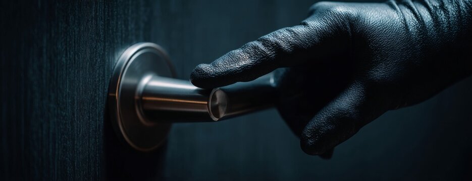 Thief in black gloves opening door handle in darkened hallway  