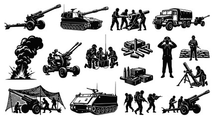 Obraz premium Military Warfare Equipment and Soldiers Black and White Vector Set