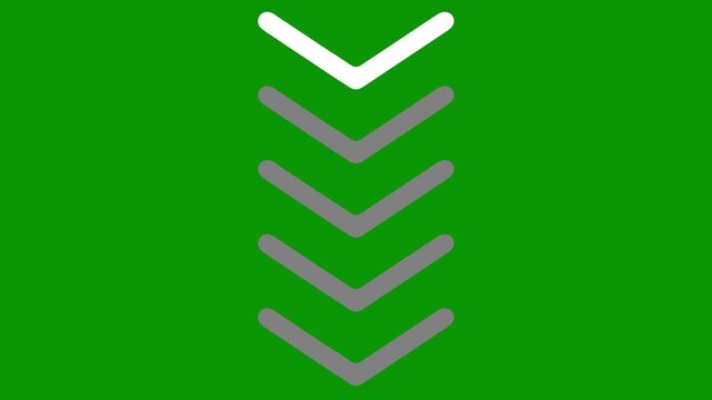 downward chevrons animating smoothly on green screen background. 2D animated cartoon directional graphics  for download scroll down and flow in presentations. Chromakey ready seamless loop.