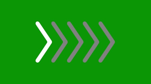 right chevron arrows moving continuously forward on bright green screen. Clean 2D animated cartoon style  for fast navigation next step and energetic motion graphics. Chromakey ready seamless loop.