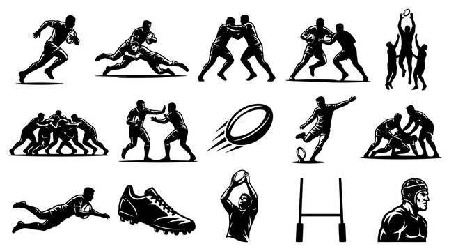 Rugby Sport Black  White Silhouette Icons Set. Glyphs of Players, Game, Ball, Tackle, Scrum  Goalposts