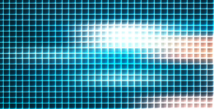 Glowing blue squares fade into white light on grid background