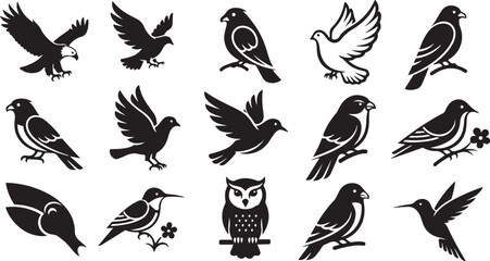 Fototapeta premium Various Black and White Bird Silhouette Illustrations Collection