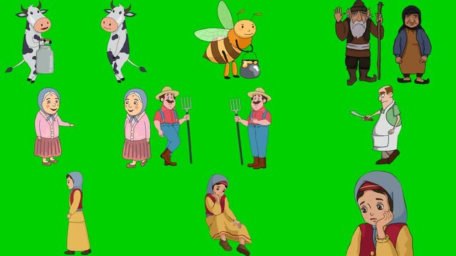 Farmer, Cow, Bee, Man, Woman, Girl, Boy, Peasant, Character 2d animated cartoon character on green screen chroma key background. High quality illustration loop cycle vector animation compositing.