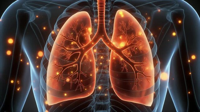 Anatomy of the human respiratory system, illustrating the intricate structure of the lungs and bronchi with glowing particles representing air or oxygen flow, emphasizing health and vitality