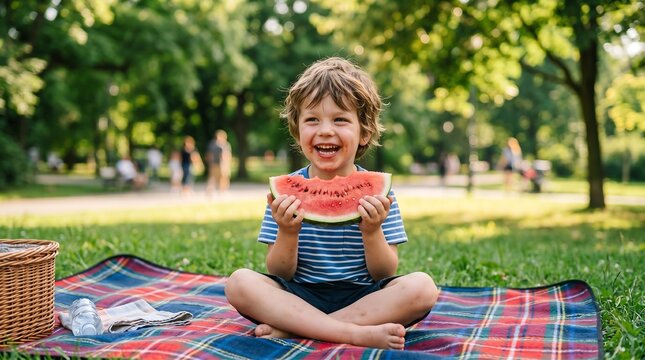 Happy boy eating watermelon during a summer picnic in the park