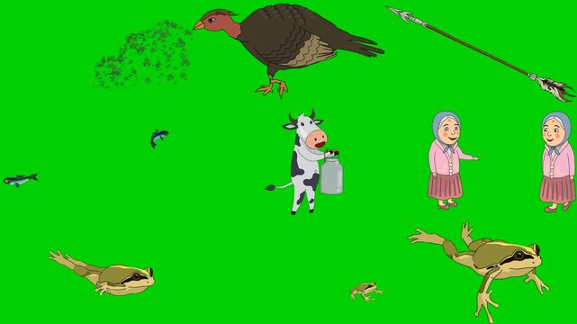 Wolf, Turkey, Spear, Cow, Woman, Frog, Milk, Jump, Wild 2d animated cartoon character on green screen chroma key background. High quality illustration loop cycle vector animation compositing.