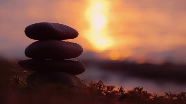 A person hand building a stone cairn on ocean shore with beautiful sunset reflection in water, stacking up pebbles for balance and harmony, zen stones concept.