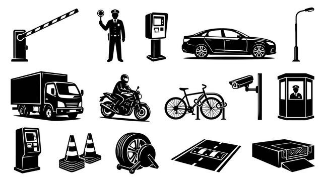 Black and White Glyph Icons of Parking and Traffic Control Objects