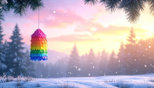 Rainbow Pi?ata Hanging in Snowy Winter Landscape.