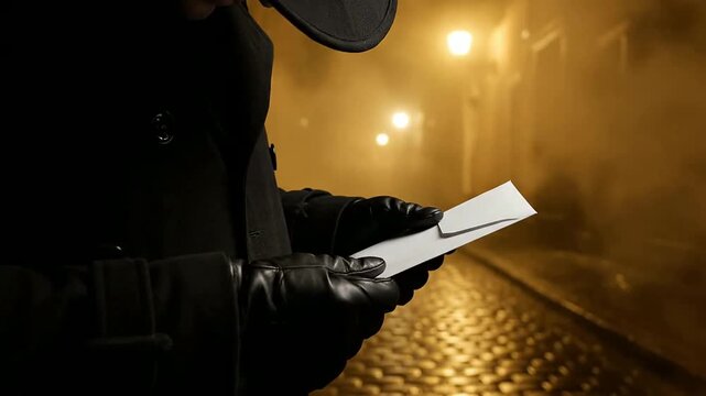 Man in dark alley reads secret letter or Mysterious figure examines envelope in foggy city street