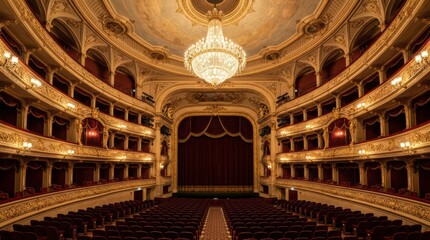 Fototapeta premium Opulent Theatre Interior: A view of an exquisitely designed theatre, showcasing a grand chandelier, elegant balconies, and a stage awaiting performance. 