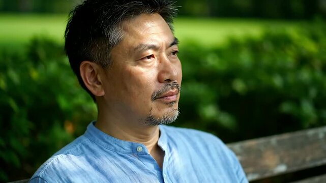 Mature asian man relaxes outdoors on park bench or pensive mature asian man sits alone in park contemplating life