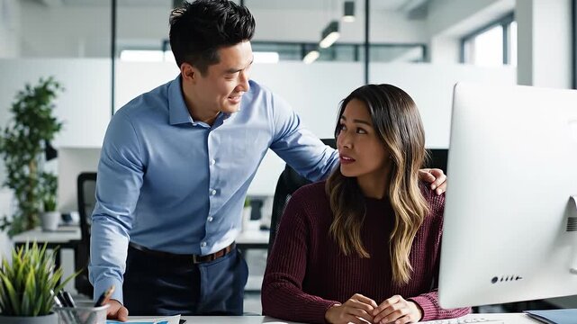 Man touches female colleague shoulders while she sits at computer. Workplace harassment scene depicting discomfort and lack of boundaries. Ideal for HR training or social awareness content.