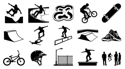 Fototapeta premium Skateboarding and BMX Extreme Sports Black Silhouette Vector Icons: Athletes, Ramps, Bikes, Skatepark Elements