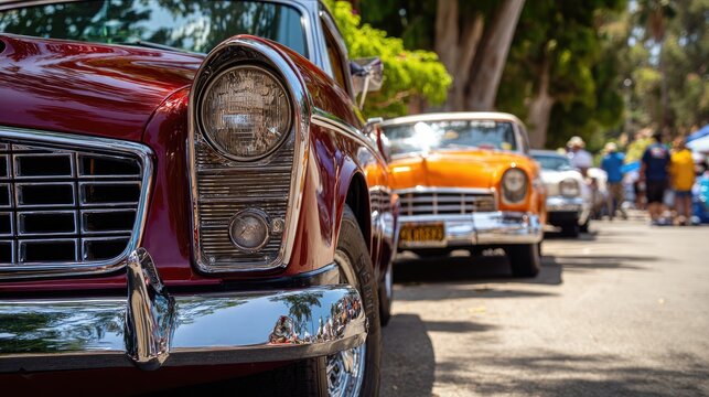Classic Cars Lined Up at Outdoor Event Showing Chrome Details.