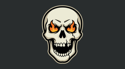 Obraz premium Striking digital illustration of a menacing human skull with vivid, burning orange eyes and intricate crack details, embodying a powerful and aggressive mascot or logo design