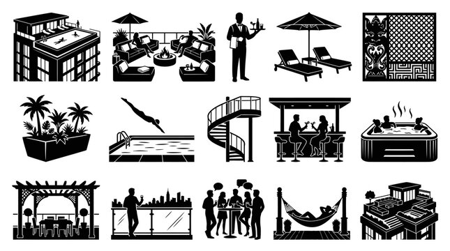 Hospitality and Luxury Lifestyle Black  White Silhouette Icons Set: Rooftop Pool, Bar, Lounge, and Leisure Glyphs