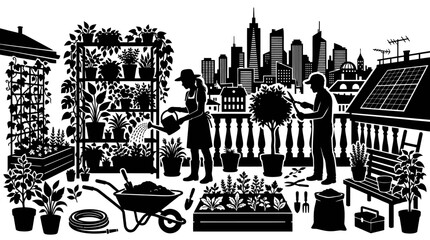 Obraz premium Black and White City Rooftop Gardening Silhouette with People and Plants