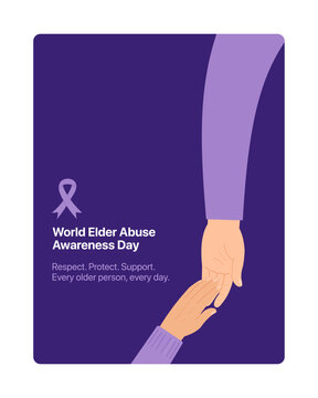 World Elder Abuse Awareness Day vector poster featuring supportive hands and purple awareness ribbon with minimal modern design. Ideal for healthcare campaigns, social awareness projects, community.